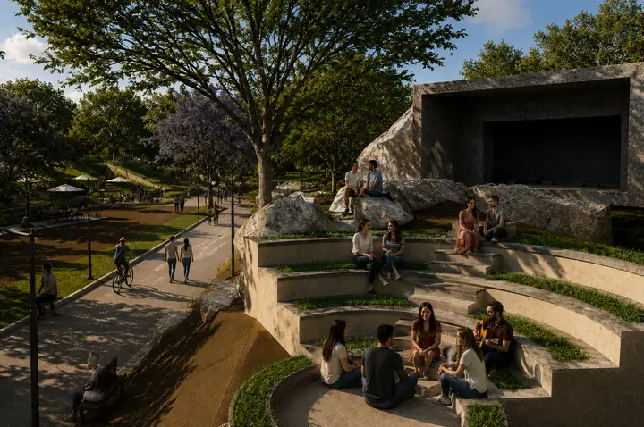 Families gathered on the stepped amphitheatre