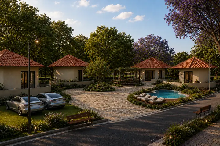 A cluster of pod cottages around a shared pool