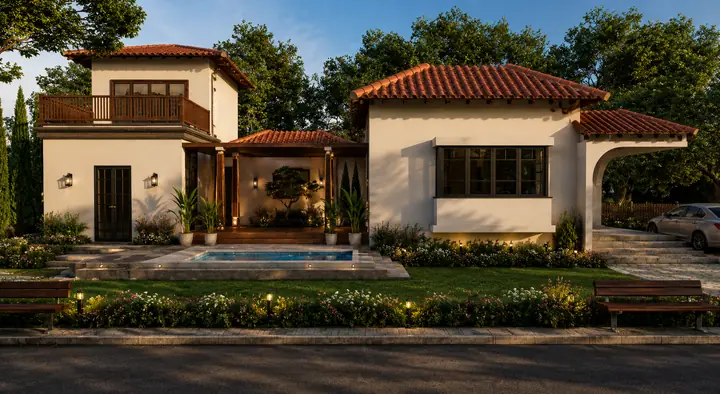 A two-storey villa with its pool and terracotta roof