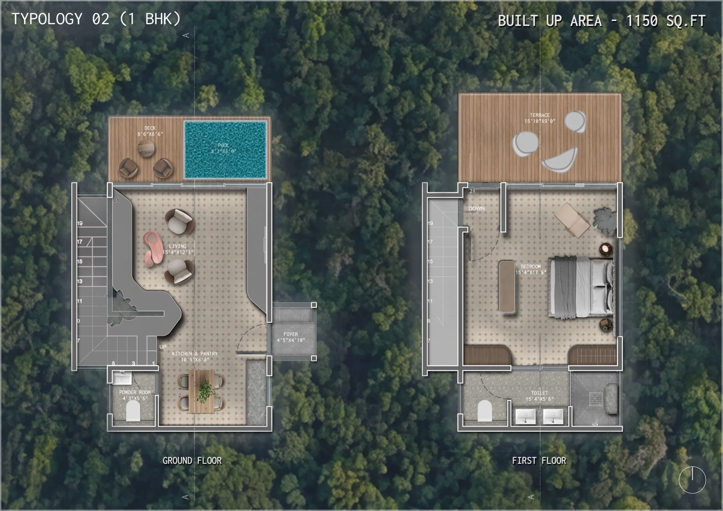 1BHK Villa floor plan, ground and first floor